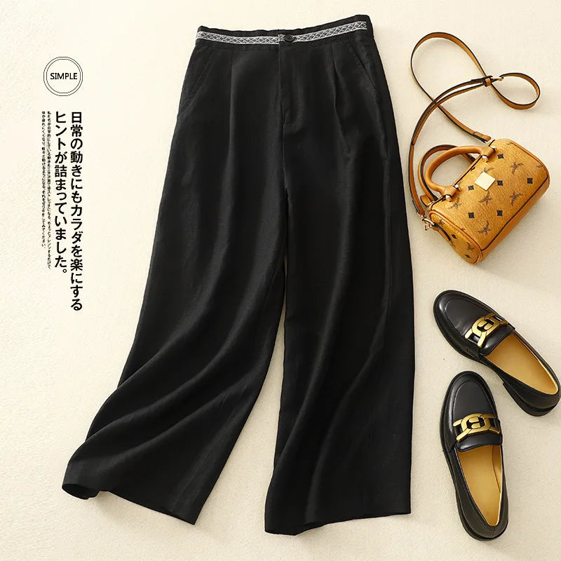 Elastic Cotton and Linen Wide Leg Pants Nine-point Pants for Women Summer New Solid Color Literary Large Size Casual Pants