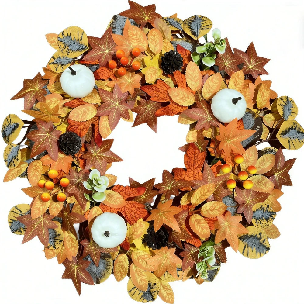 17.7in Halloween Fall Wreaths for Front Door Outside Fall Decorations for Home Large Autumn Wreath with Bow Pumpkin Thanksgiving